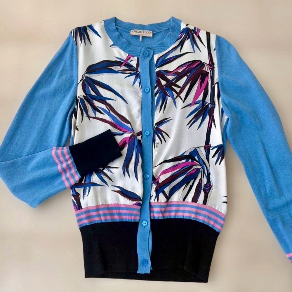 Emilio Pucci Blue Leaf Print Silk Cotton Cardigan